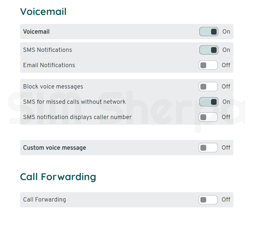 Screenshot of voicemail setting