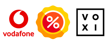 VOXI and Vodafone logos with a percent discount sticker