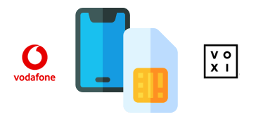 SIM card and phone with Vodafone and VOXI logos