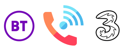 WiFi calling symbol with BT and Three logos